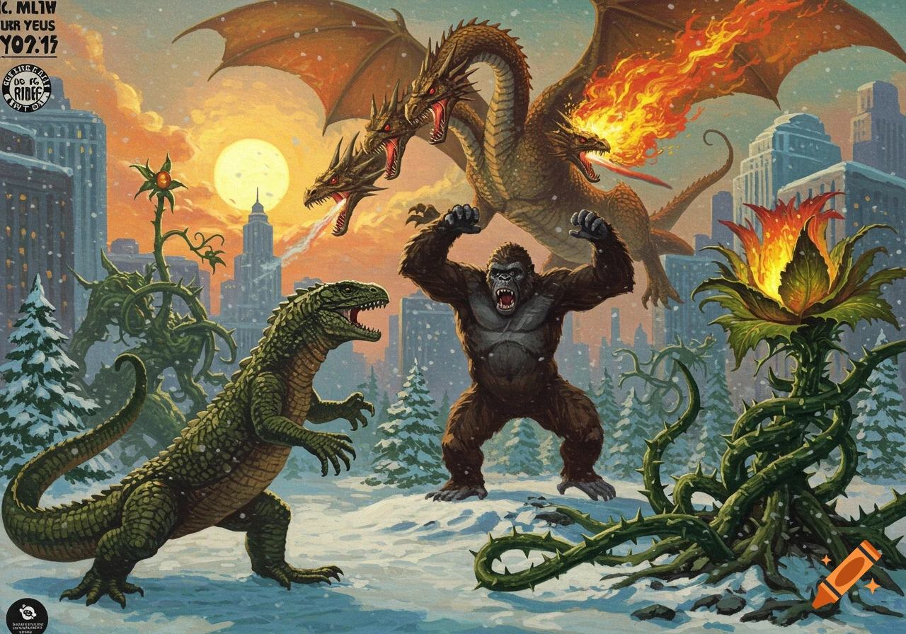 Giant ape, lizard, and three-headed dragon battle in a snowy city with a plant monster, in a vintage illustration style.