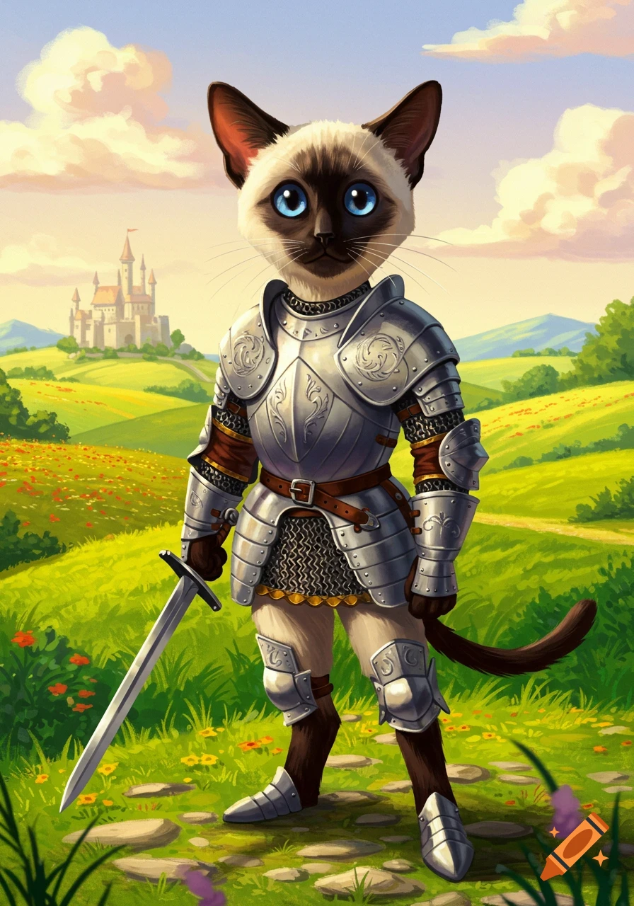 A cartoon Siamese cat in shining knight armor holds a sword on a path in a vibrant green field with a distant castle.
