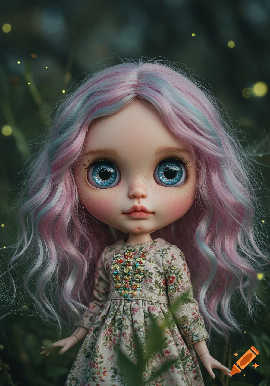 Close-up of a Blythe doll with big blue eyes, pastel pink and blue hair, and a floral dress in a magical forest setting.