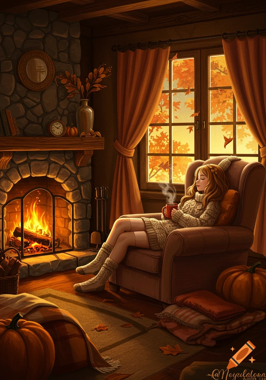 A woman in a sweater dress relaxes by a fireplace in a cozy autumn-themed room with fall foliage visible outside the window, in an illustrative style.