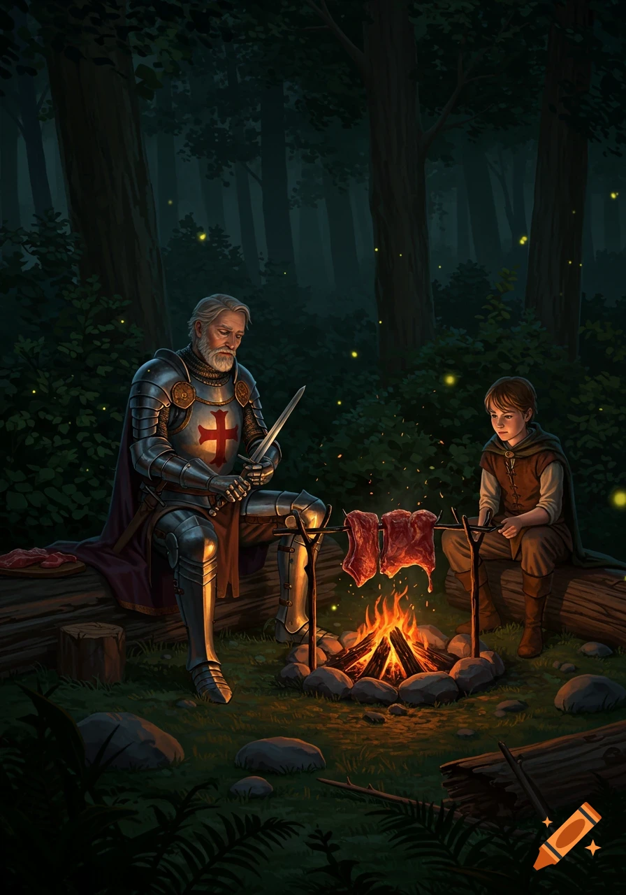 A knight and squire cook meat over a campfire in a dark, firefly-lit forest. Realistic illustration.