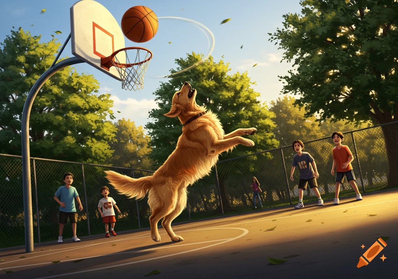 A golden retriever dog jumps high to shoot a basketball, with several children watching on a sunny outdoor court.