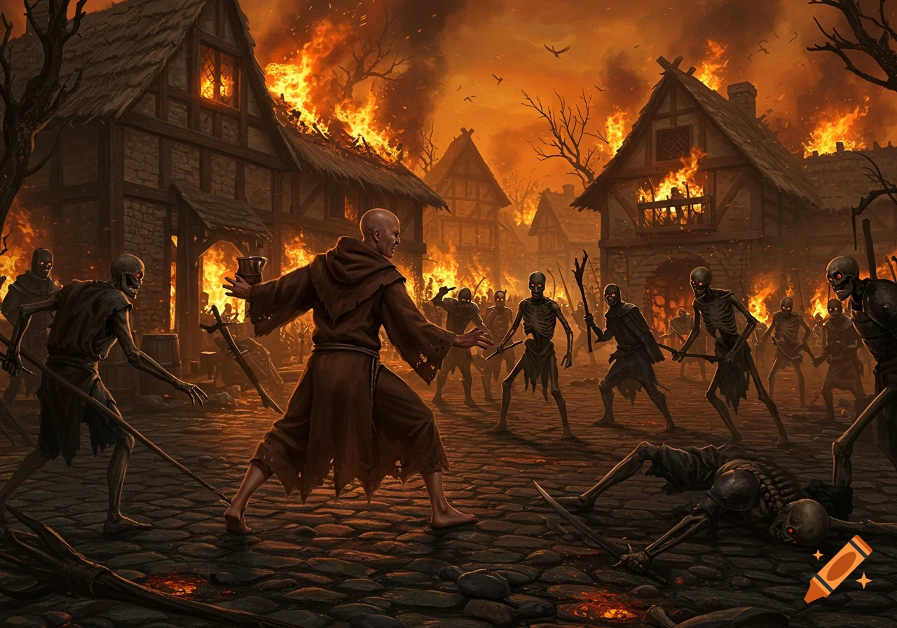 A bald monk in brown robes fights a skeleton army in a burning medieval village, depicted in dark fantasy art style.