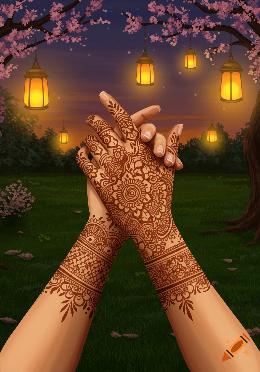 Illustrated hands covered in intricate henna designs clasped together under cherry blossom trees with glowing lanterns at twilight.