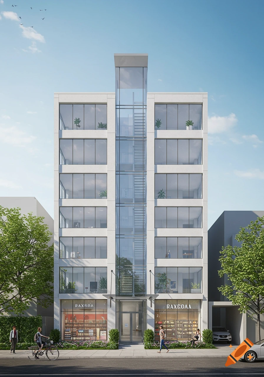 A photorealistic image of a modern multi-story building with ground-floor shops, residential units, and a central glass staircase on a city street.