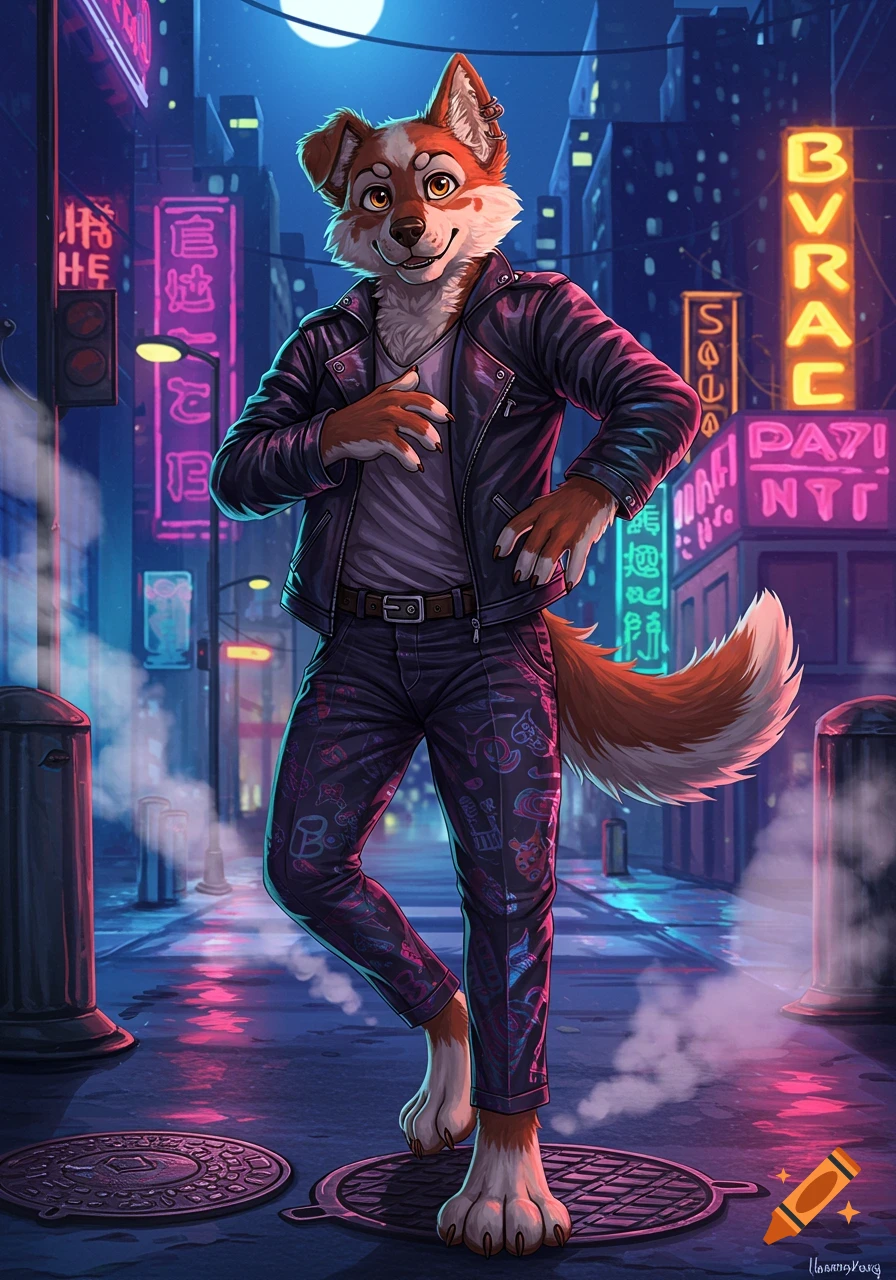 An anthropomorphic dog in a leather jacket and patterned pants stands on a neon-lit cyberpunk city street at night.