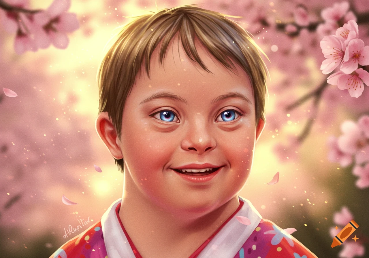 Smiling child with Down syndrome in a vibrant digital art portrait, surrounded by pink cherry blossoms.