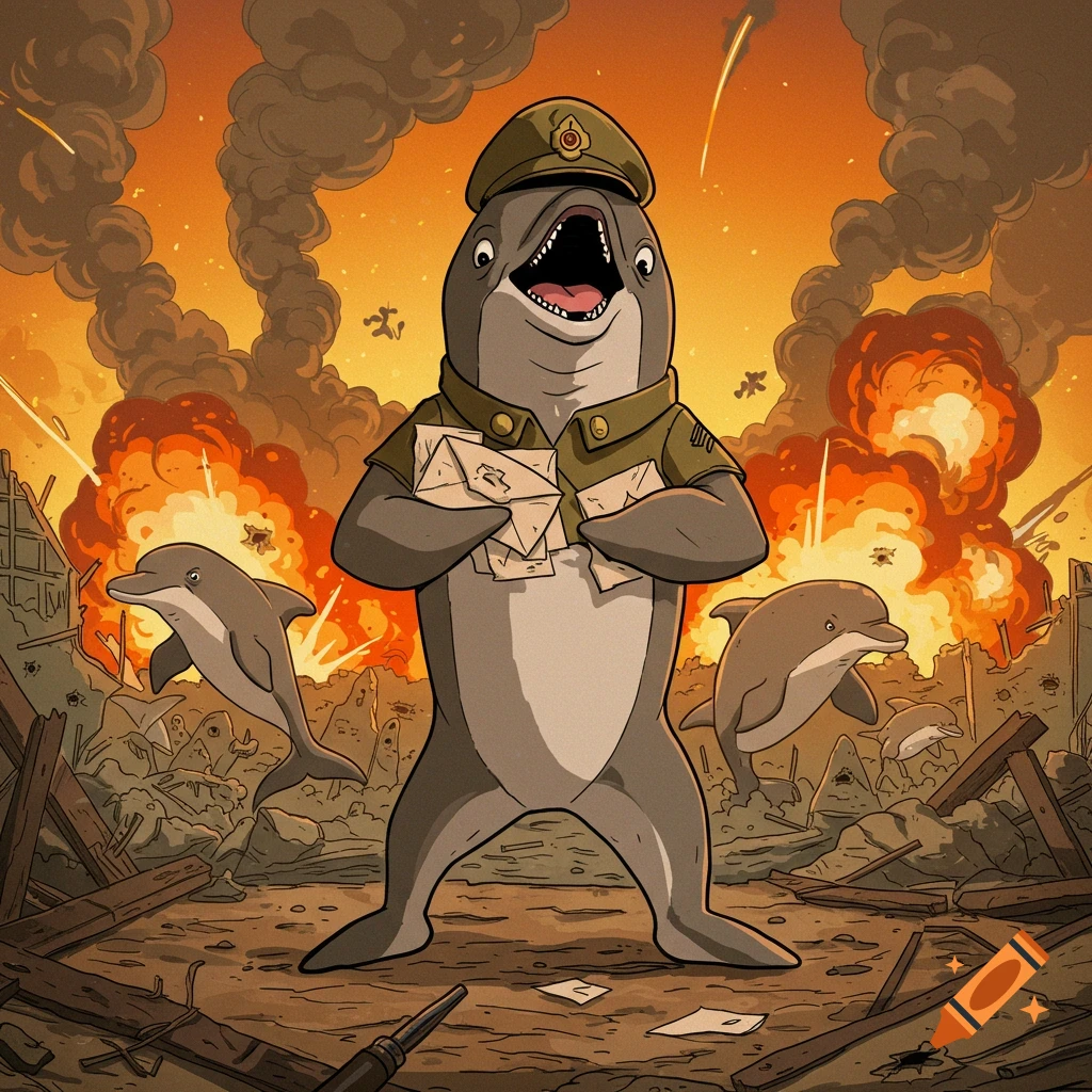 A cartoon dolphin officer, yelling and holding envelopes, stands in a war-torn battlefield with explosions and other dolphins, in a comic book style.