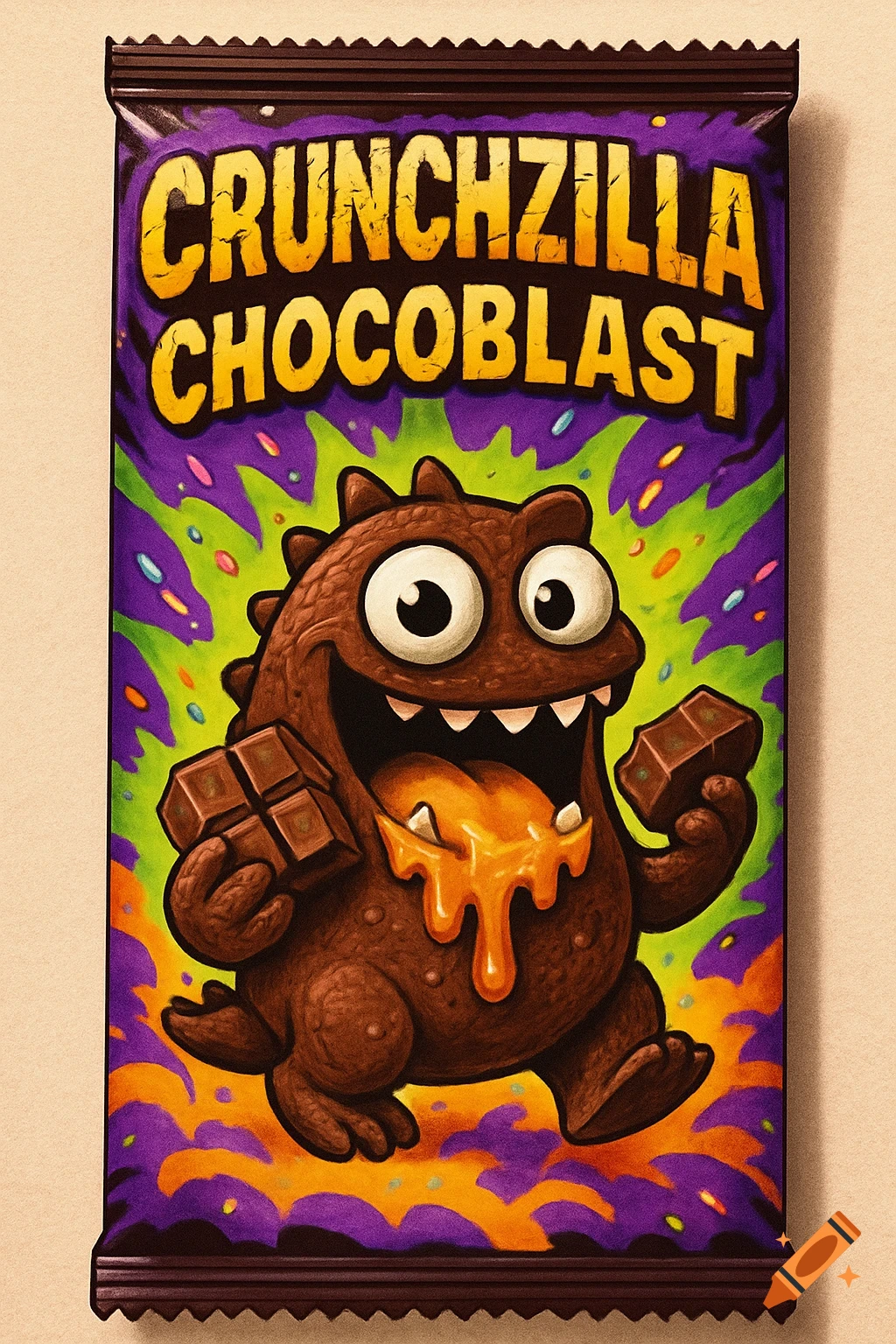 Crunchzilla Chocoblast chocolate bar wrapper with a cartoon chocolate monster with googly eyes holding chocolate and dripping caramel, on a vibrant, colorful background.