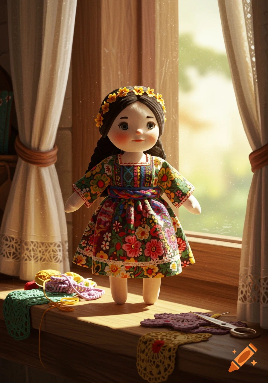 A cute fabric doll wearing a colorful floral dress and a yellow flower crown stands on a sunlit wooden windowsill next to crochet items.