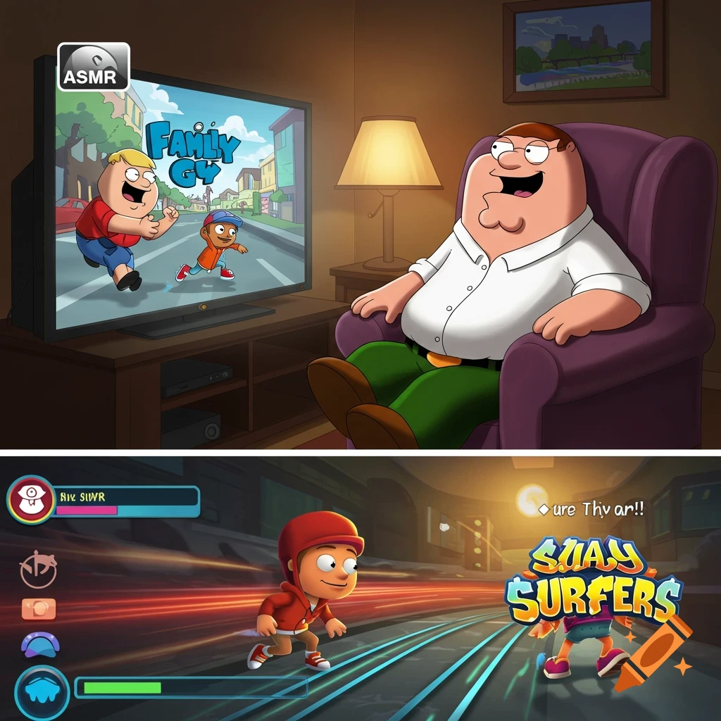 Peter Griffin from Family Guy sits in an armchair watching TV that shows Family Guy characters. Below, a scene from a Subway Surfers-like game with a character running on tracks.