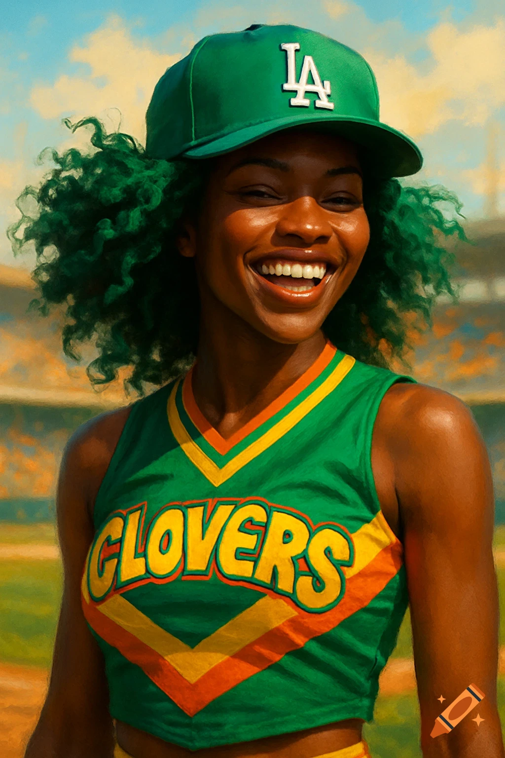 Smiling Black woman in a green LA cap and green, orange, yellow "CLOVERS" cheerleader uniform, with green curly hair, digital painting.
