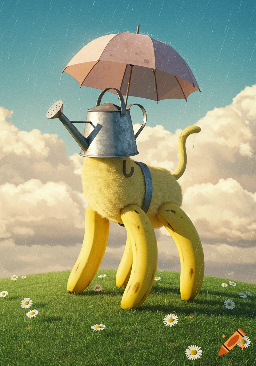 A whimsical yellow furry creature with banana legs and a watering can for a head, carrying an umbrella, stands on a grassy hill in the rain with daisies.