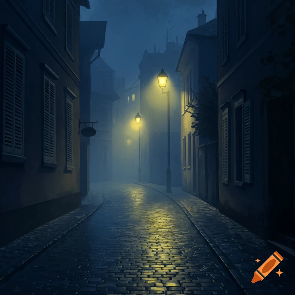 A dark, foggy cobblestone street at night, lit by glowing gas lamps amidst old European-style buildings.