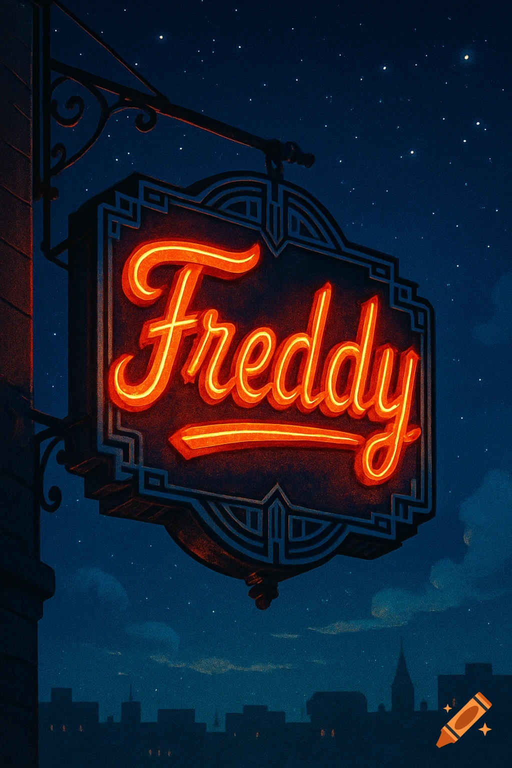 A retro-style neon sign glowing 'Freddy' against a dark, starry night sky with a subtle cityscape silhouette below.