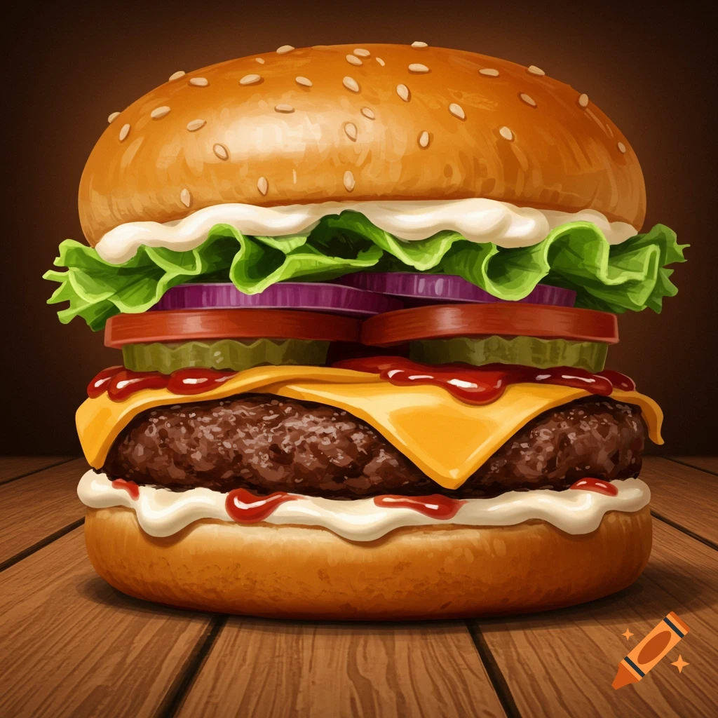 Highly detailed illustration of a loaded cheeseburger with cheese, lettuce, onion, pickles, and sauces on a wooden table.