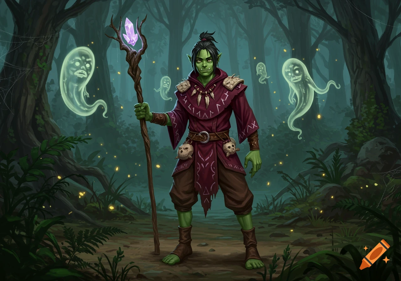 A green-skinned orc shaman holding a staff stands in a misty forest, surrounded by glowing spirits. Fantasy illustration.