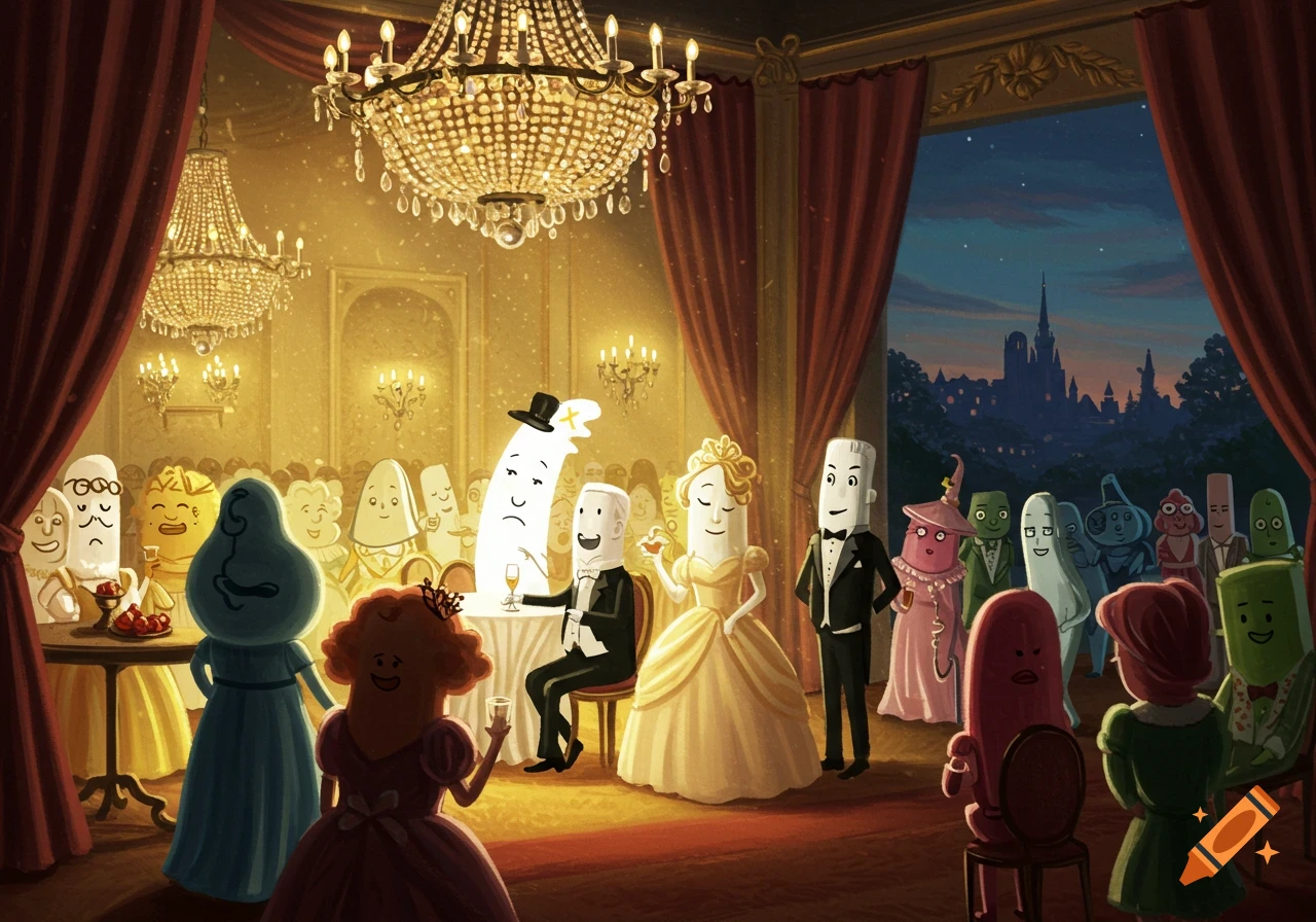 Whimsical illustration of anthropomorphic characters in formal wear at a grand ballroom party with chandeliers and a night view.