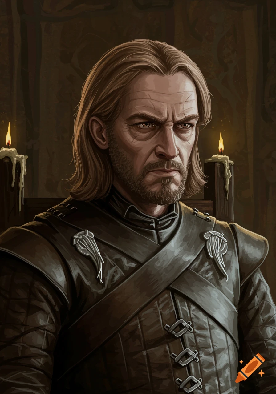A stern man with long brown hair and a beard, wearing dark quilted armor, sits by candlelight in a fantasy-style portrait.