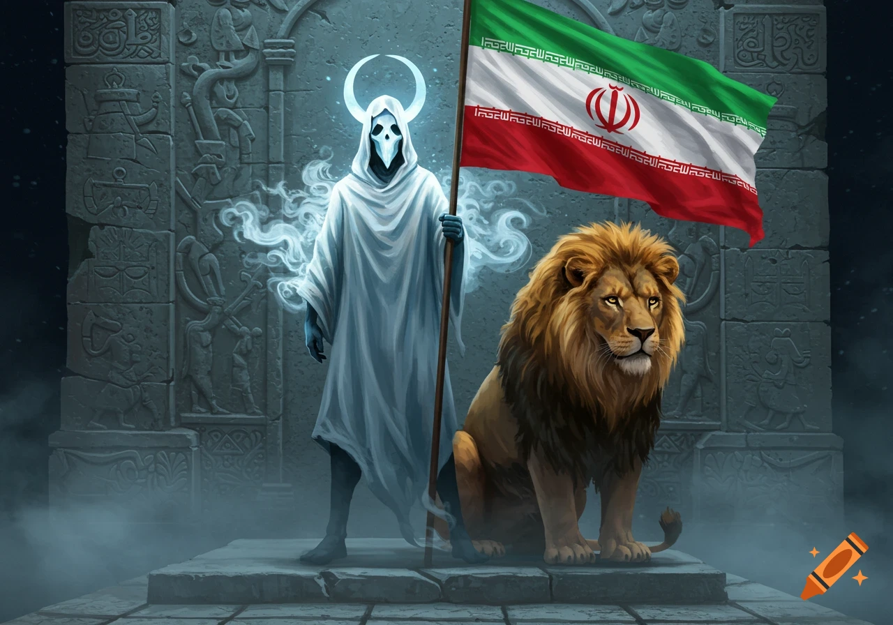 A spectral, robed figure with a skull face and halo holds an Iranian flag next to a majestic lion before an ancient, carved stone arch.