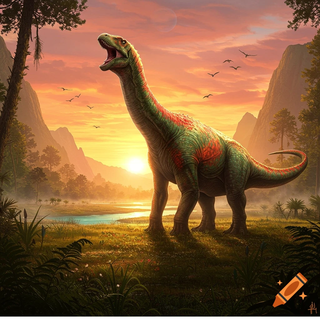 A large green and red Brachiosaurus-like dinosaur roars in a lush prehistoric valley at sunset.