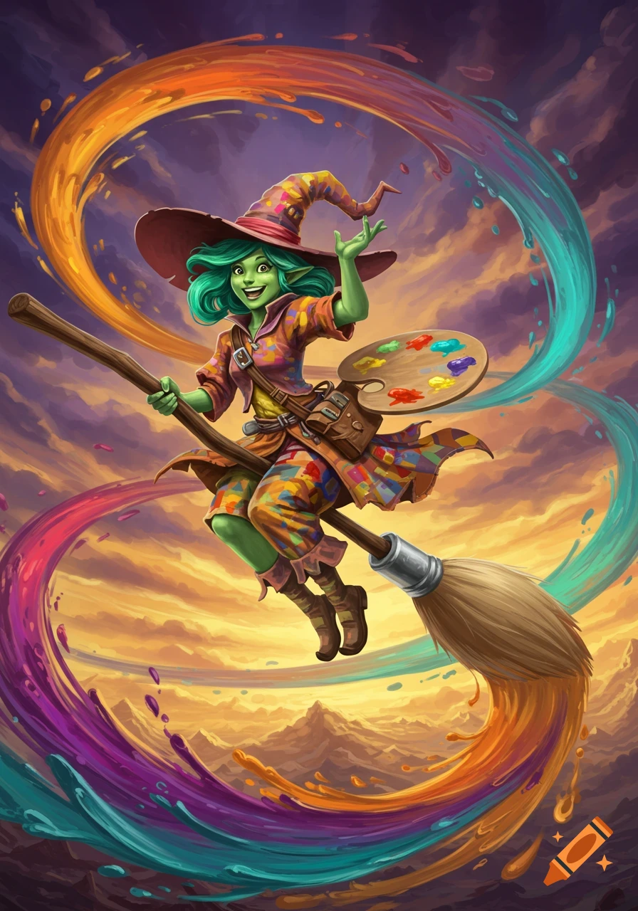 A cheerful green-skinned witch in a colorful patchwork outfit flies on a giant paintbrush, leaving vibrant paint trails across a sunset sky. She holds an artist's palette.