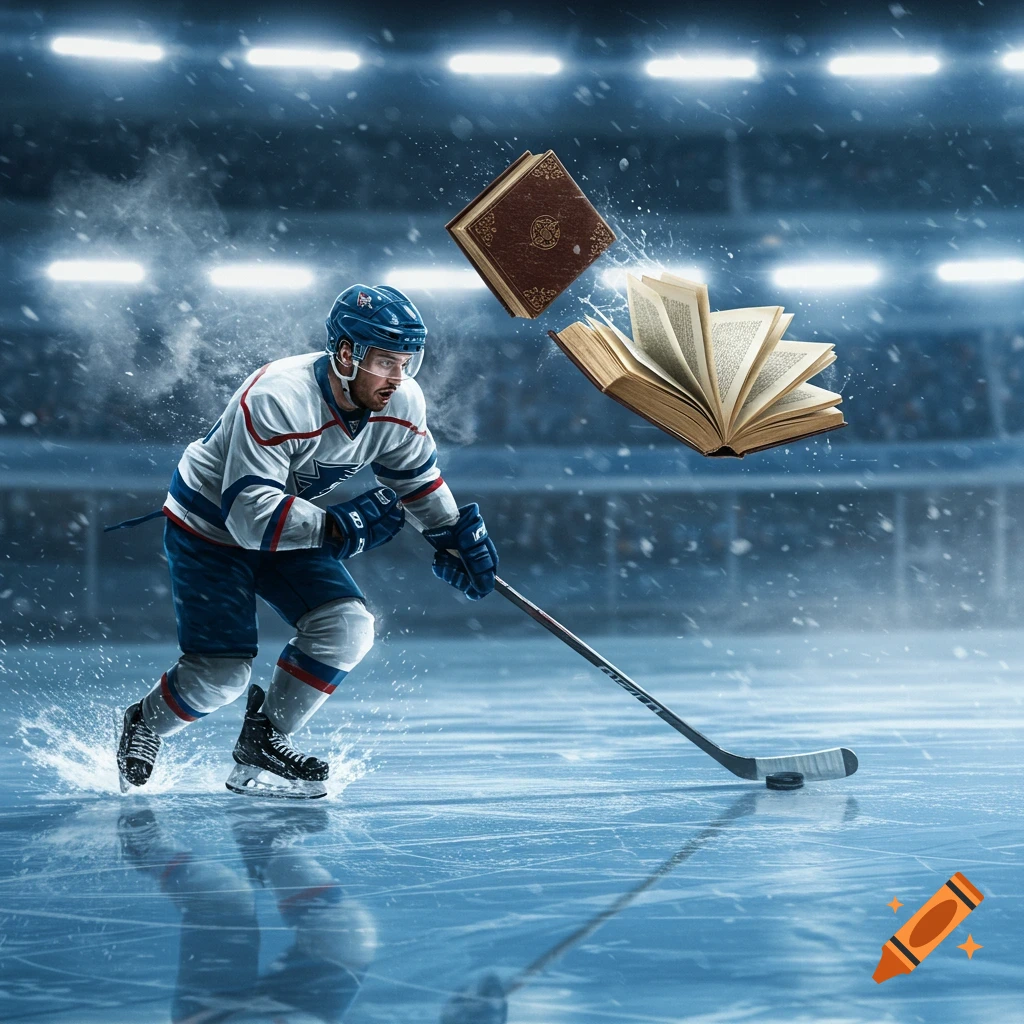 A hockey player in uniform skates on ice, hitting a floating open book with a hockey stick, while another closed book hovers above. Snow falls in an arena.
