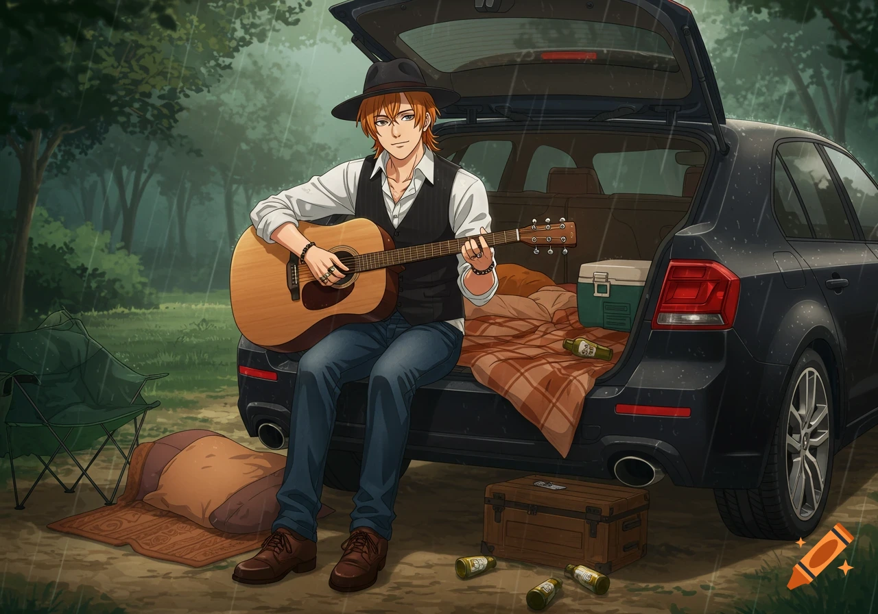 Anime man with orange hair plays acoustic guitar on a black car's trunk in the rain, surrounded by woods while car camping.