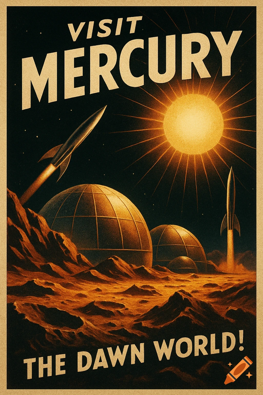 Retro-futuristic travel poster for Mercury with rockets, space domes, and a radiant sunburst. Text reads 'Visit Mercury – The Dawn World!'.