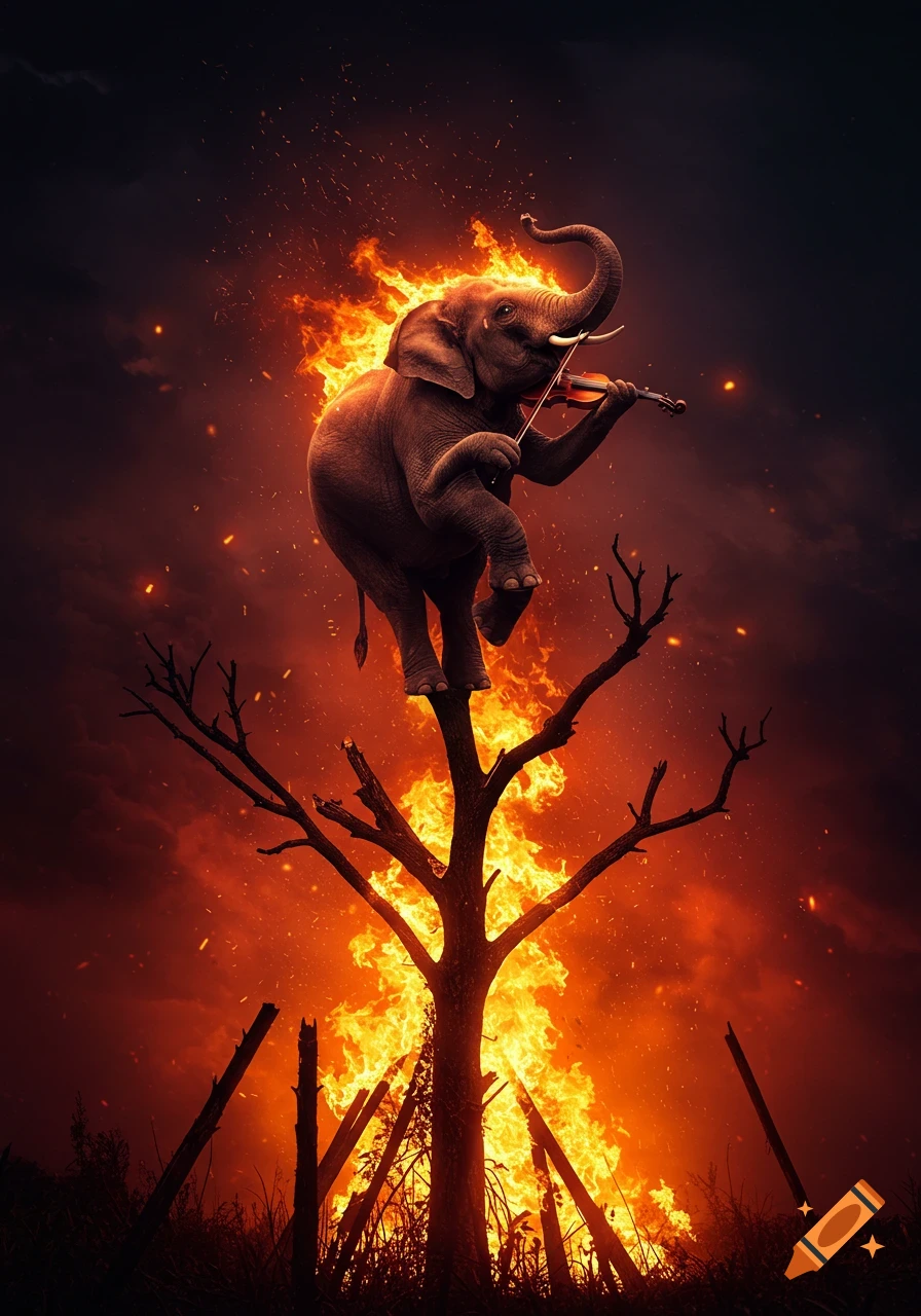 Photorealistic elephant playing a violin while balancing on a burning tree amidst intense flames and smoke.