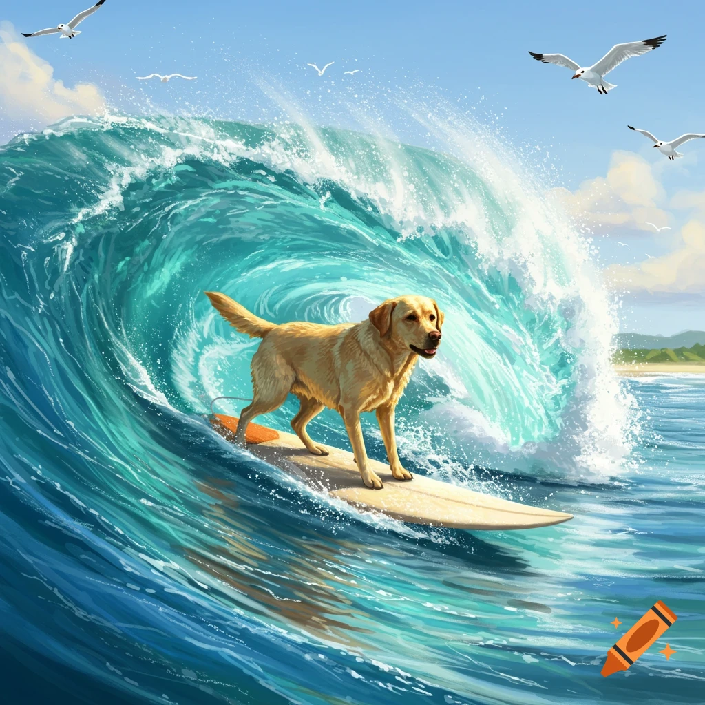 A golden retriever dog surfs a large blue ocean wave under a clear sky with seagulls.