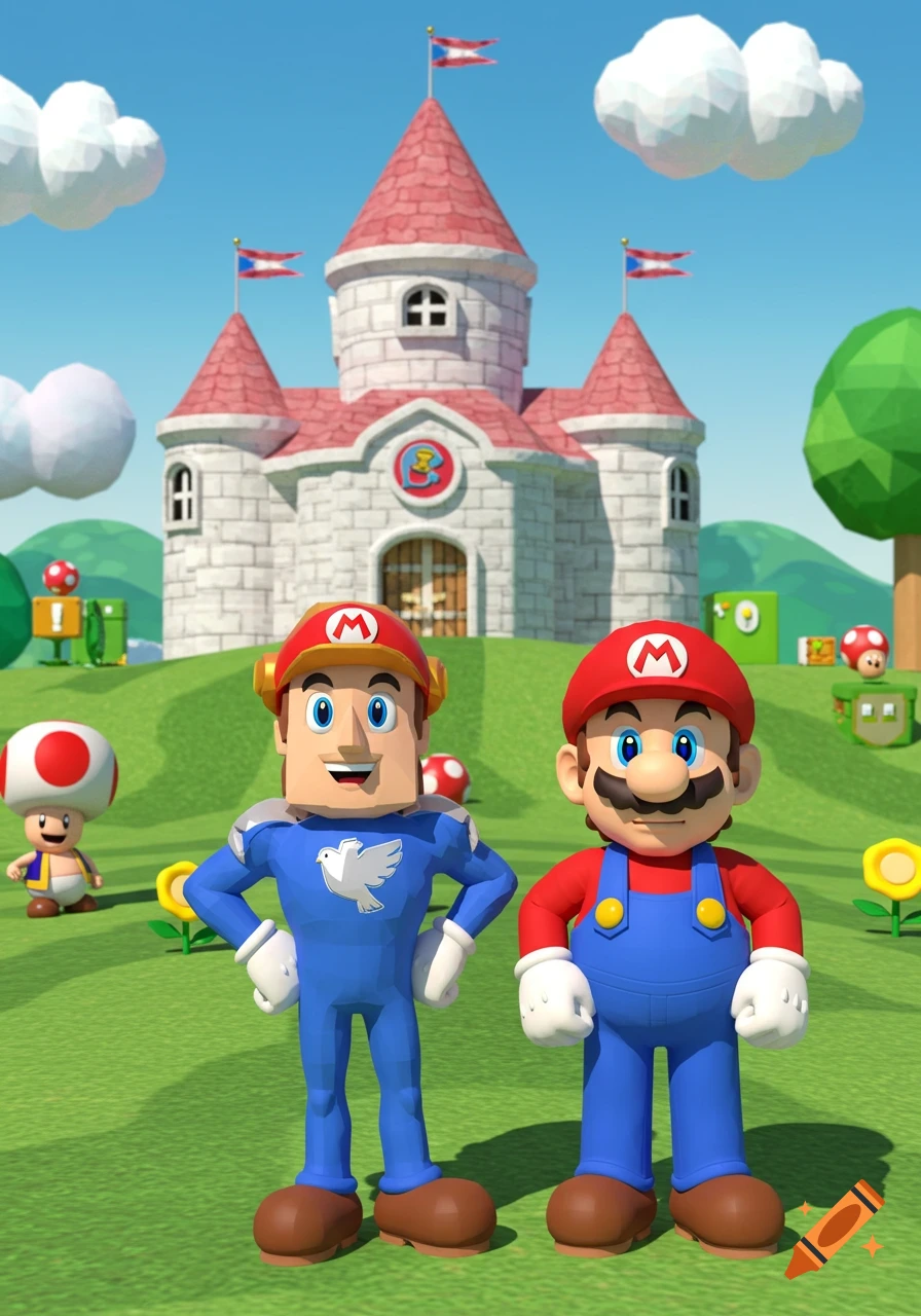 Mario and a Peacemaker-like character in Super Mario 64 style stand in a field before Peach's Castle.