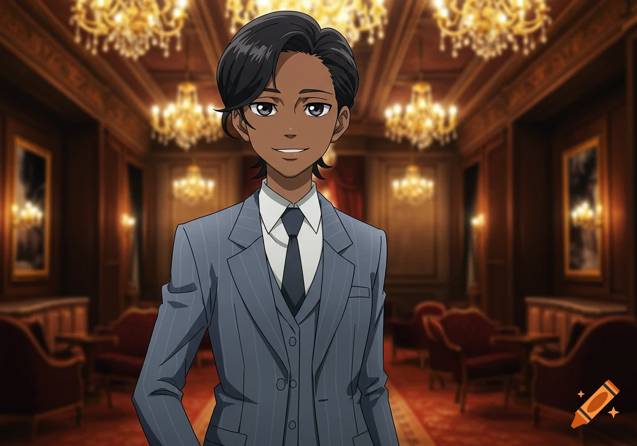 Anime woman with dark skin wearing a pinstripe suit and tie, smiling in a luxurious room with chandeliers.