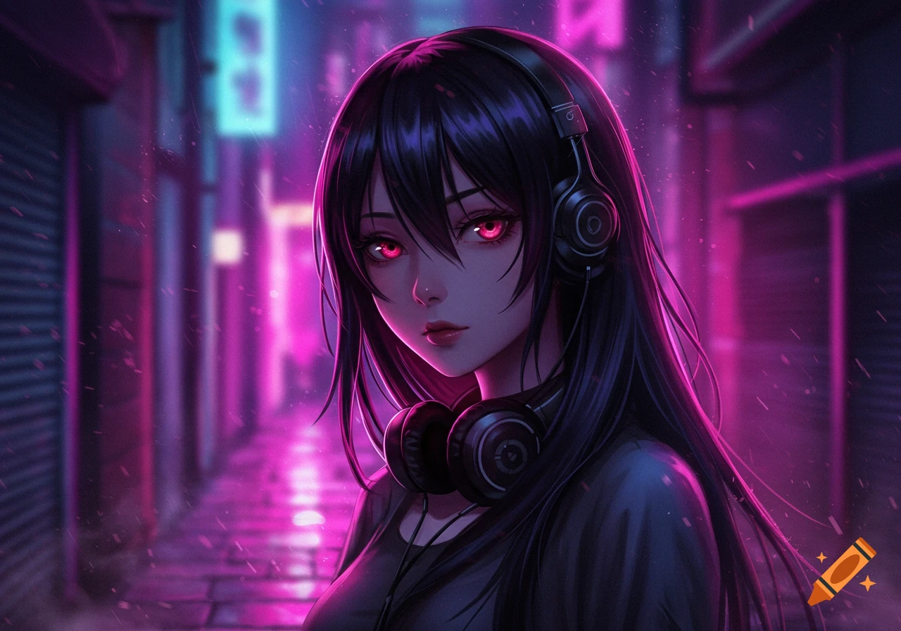 Anime girl with long black hair, glowing red eyes, and headphones, standing in a neon-lit alley with purple and blue lights.