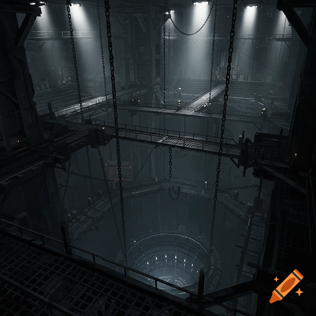 High-angle view of a vast, dark industrial chamber with spotlights, chains, and grated catwalks over a deep abyss.