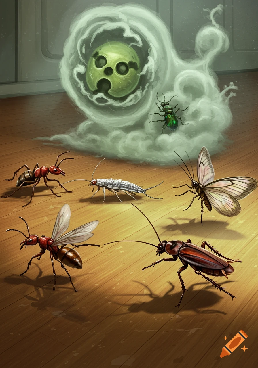 Digital illustration of various house bugs fleeing a green skull-shaped gas cloud on a wooden floor.
