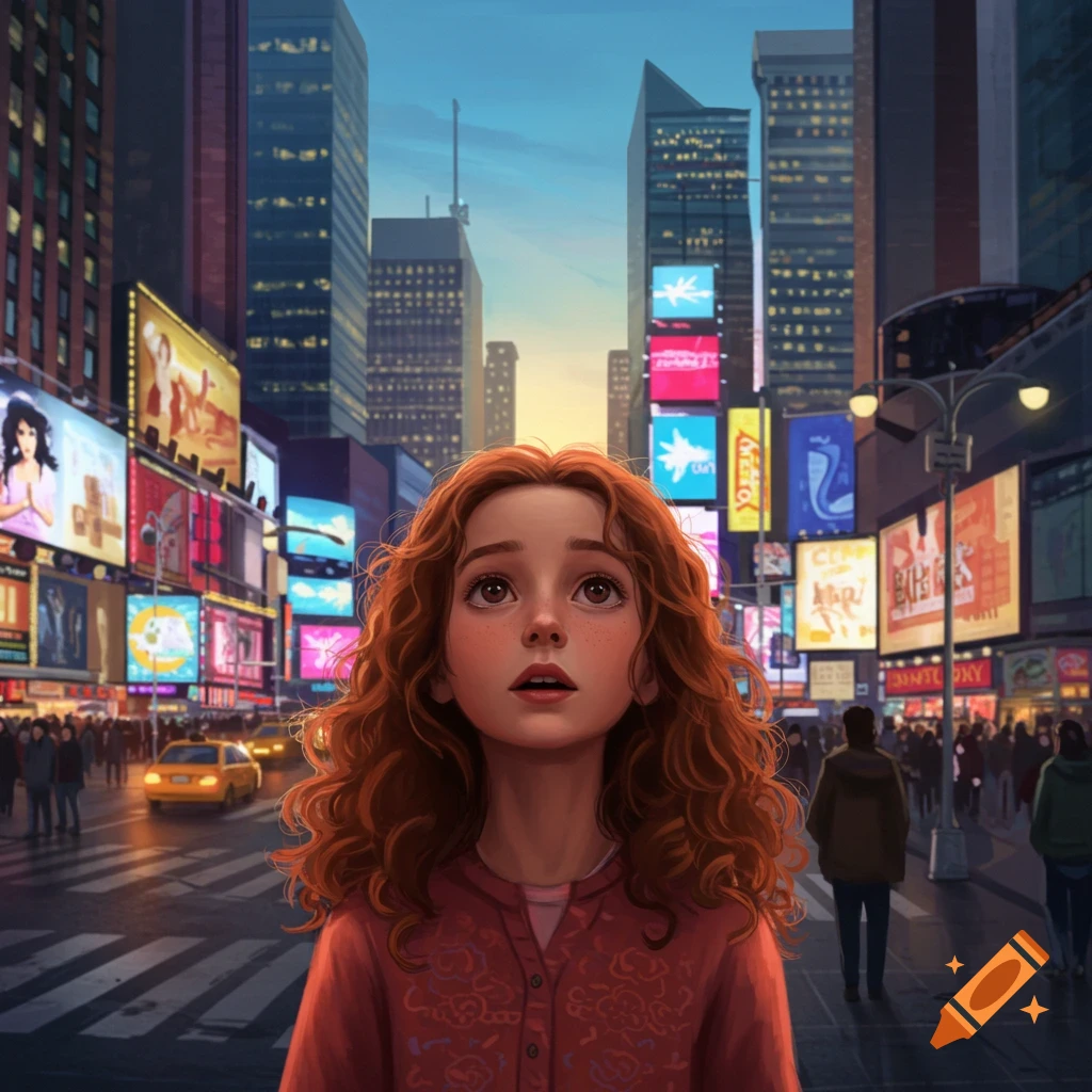 An illustration of a girl with red curly hair looking up, mesmerized, in a bustling city street with tall buildings and illuminated billboards.
