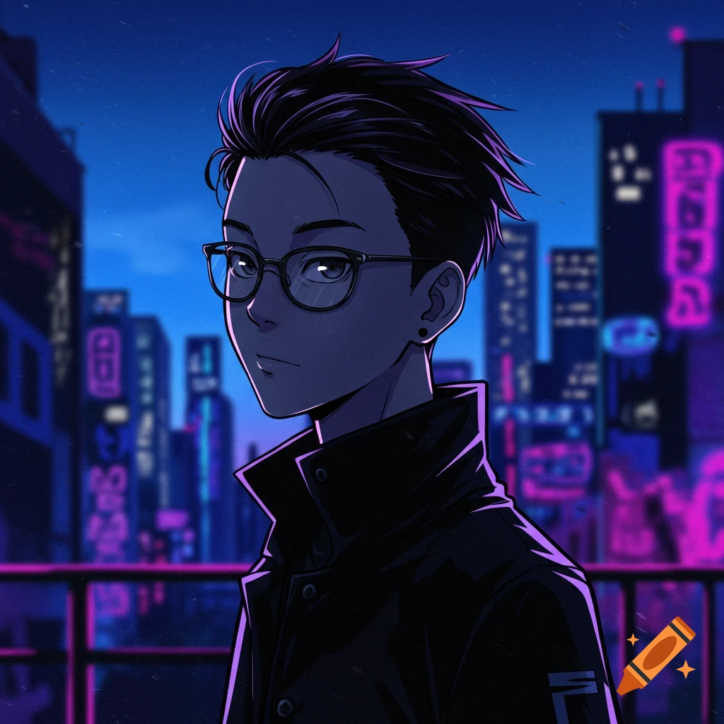 Anime portrait of a thoughtful Asian teenage boy with glasses and dark hair, standing in a neon-lit city at night.