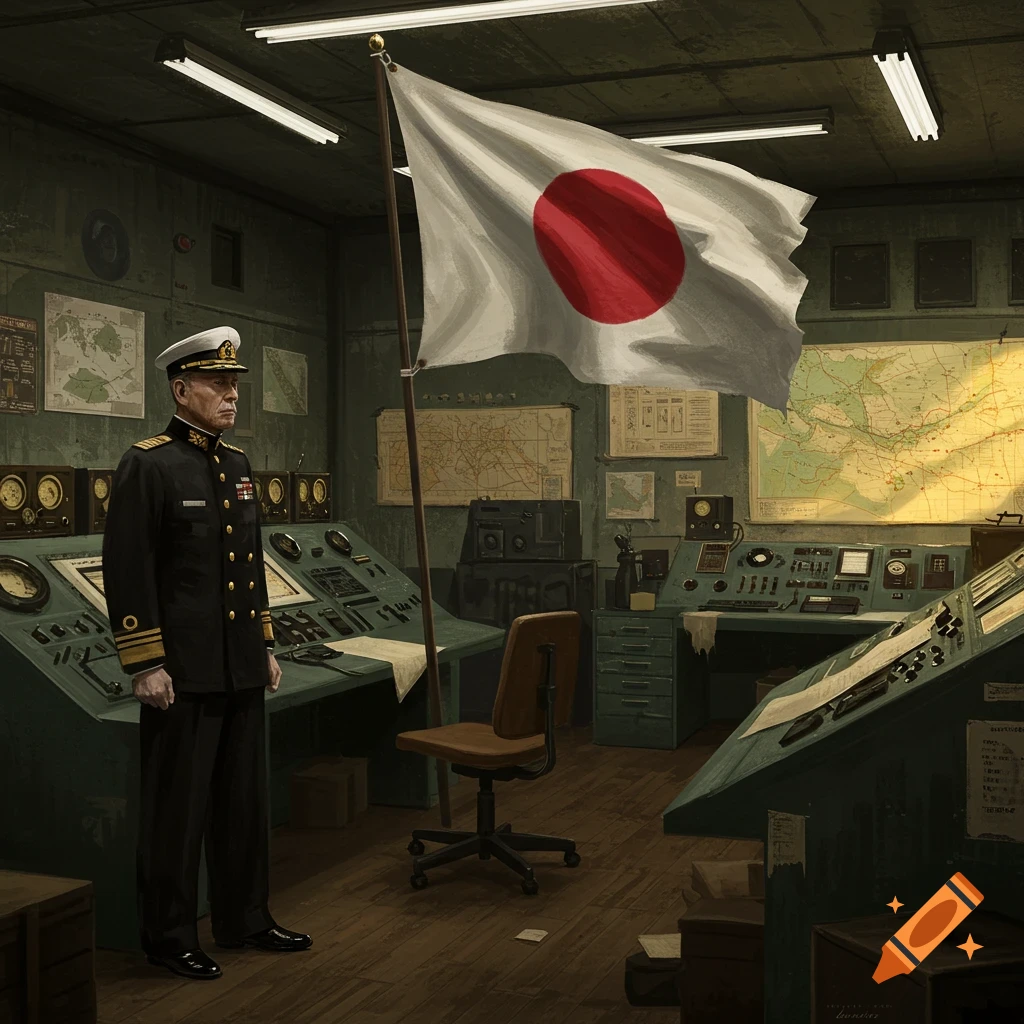 A stern naval officer in uniform stands beside a Japanese flag in a dimly lit, map-filled command center.