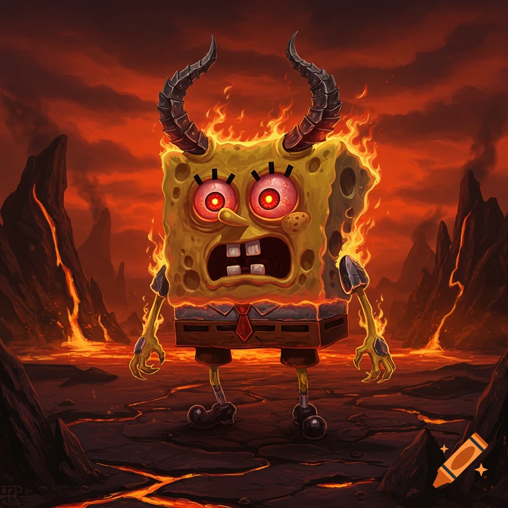 Demonic Spongebob Squarepants with horns, glowing red eyes, and engulfed in flames, standing in a lava-filled hellscape.