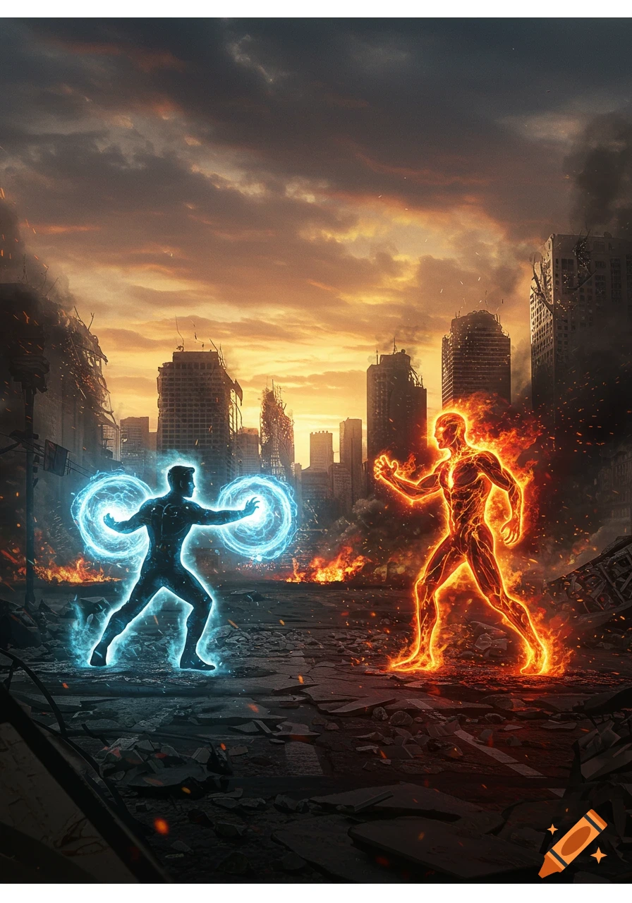 Two glowing superhero figures, one blue and one fiery orange, battle amidst the ruins of a destroyed city at sunset.