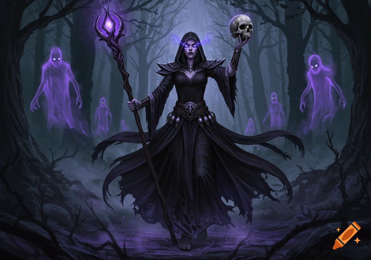 A dark necromancer witch in a black robe holds a glowing staff and skull, surrounded by purple ghosts in a spooky forest.
