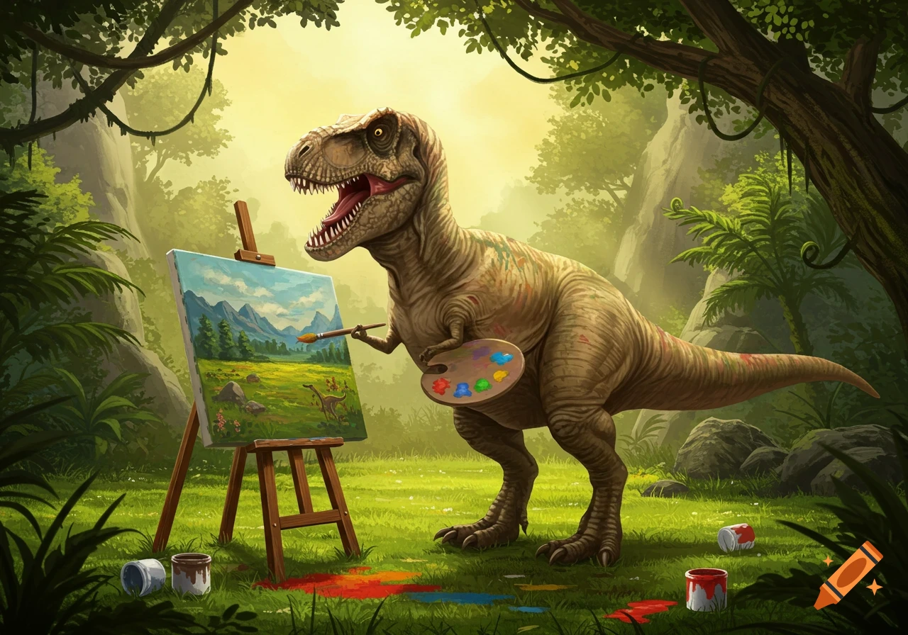 A T-Rex with short arms painting a lush green landscape with mountains, trees, and another small dinosaur on a canvas in a vibrant jungle setting.