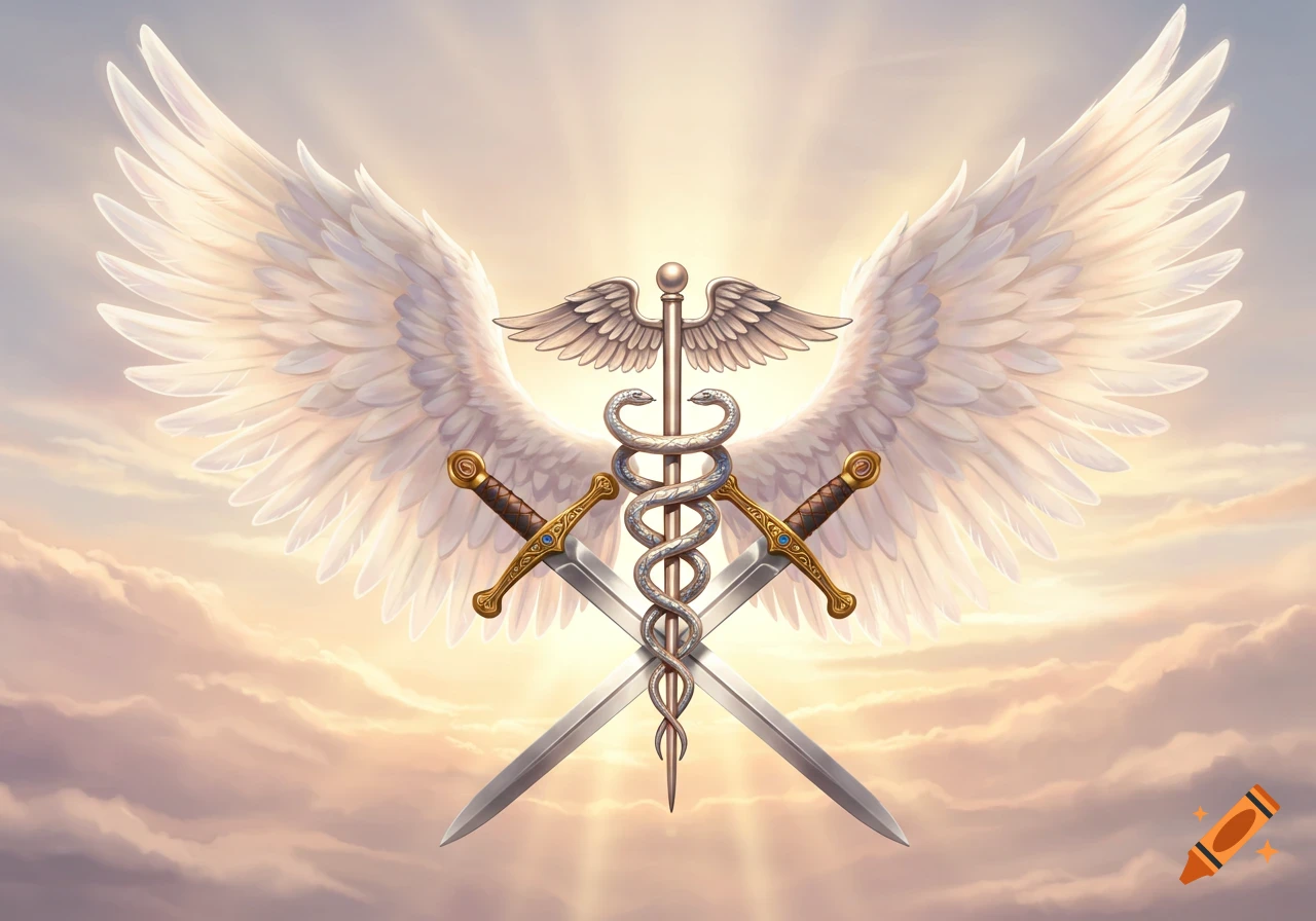 A caduceus and two crossed swords stand in front of large white angelic wings, glowing against a cloudy, bright sky.