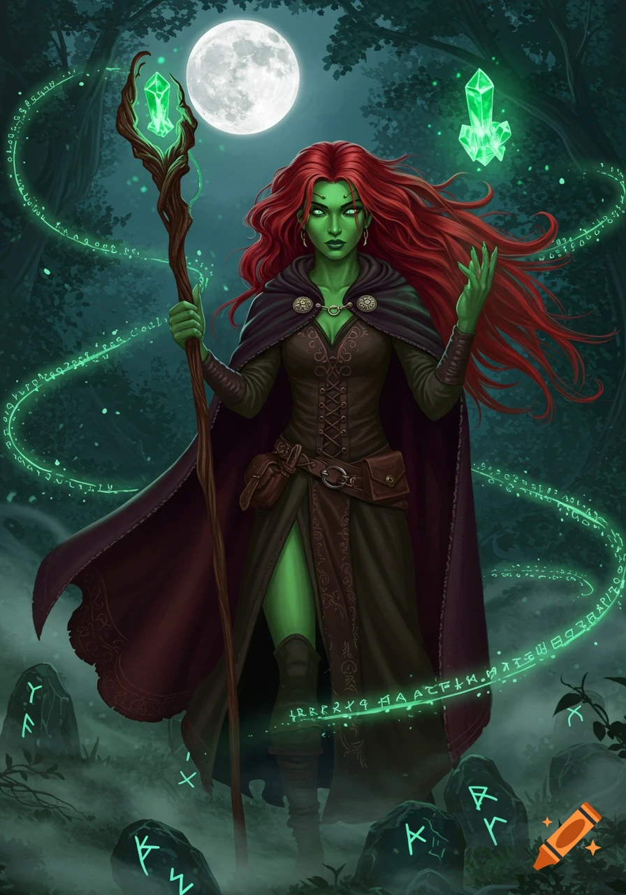 A green-skinned witch with flowing red hair holds a glowing staff amidst a magical forest at night under a full moon, surrounded by green runes and energy.