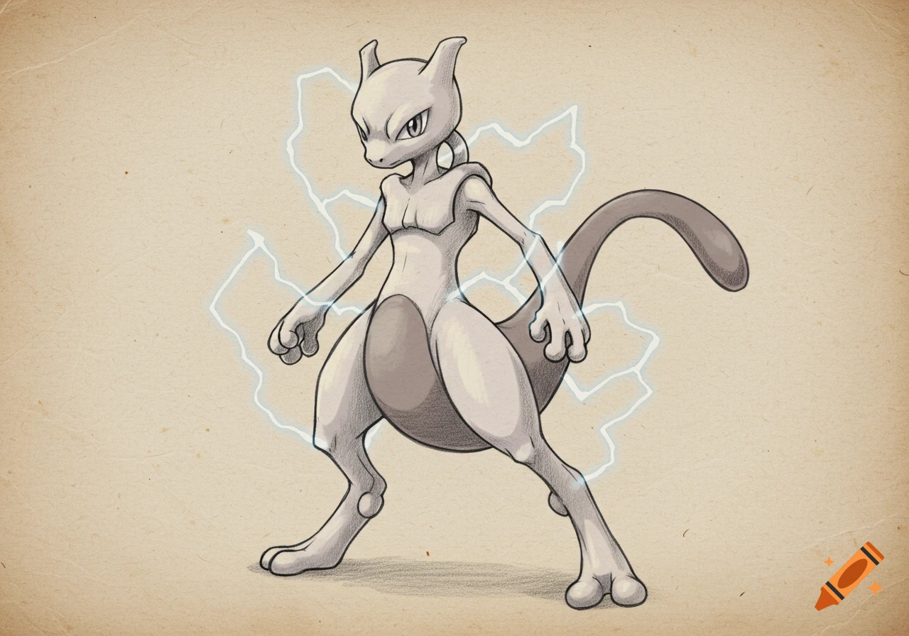 A detailed sketch of Mewtwo, standing with lightning effects around it, on a textured paper background.