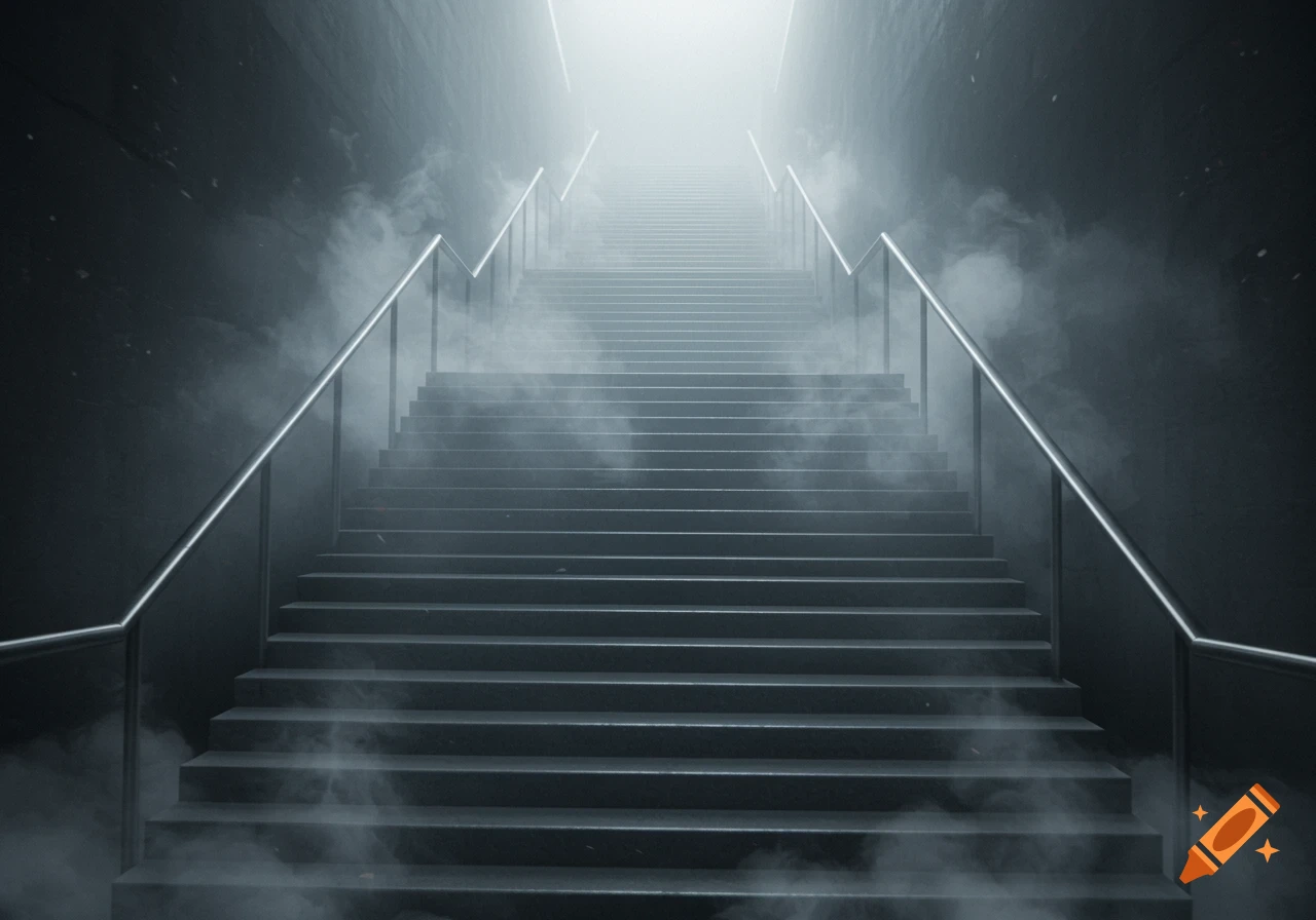 A long, misty grey staircase with metal handrails ascends into a bright, ethereal light.