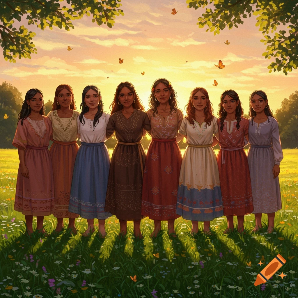 Eight women in traditional dresses stand in a sunlit field with butterflies and trees, painted in an illustrative style.