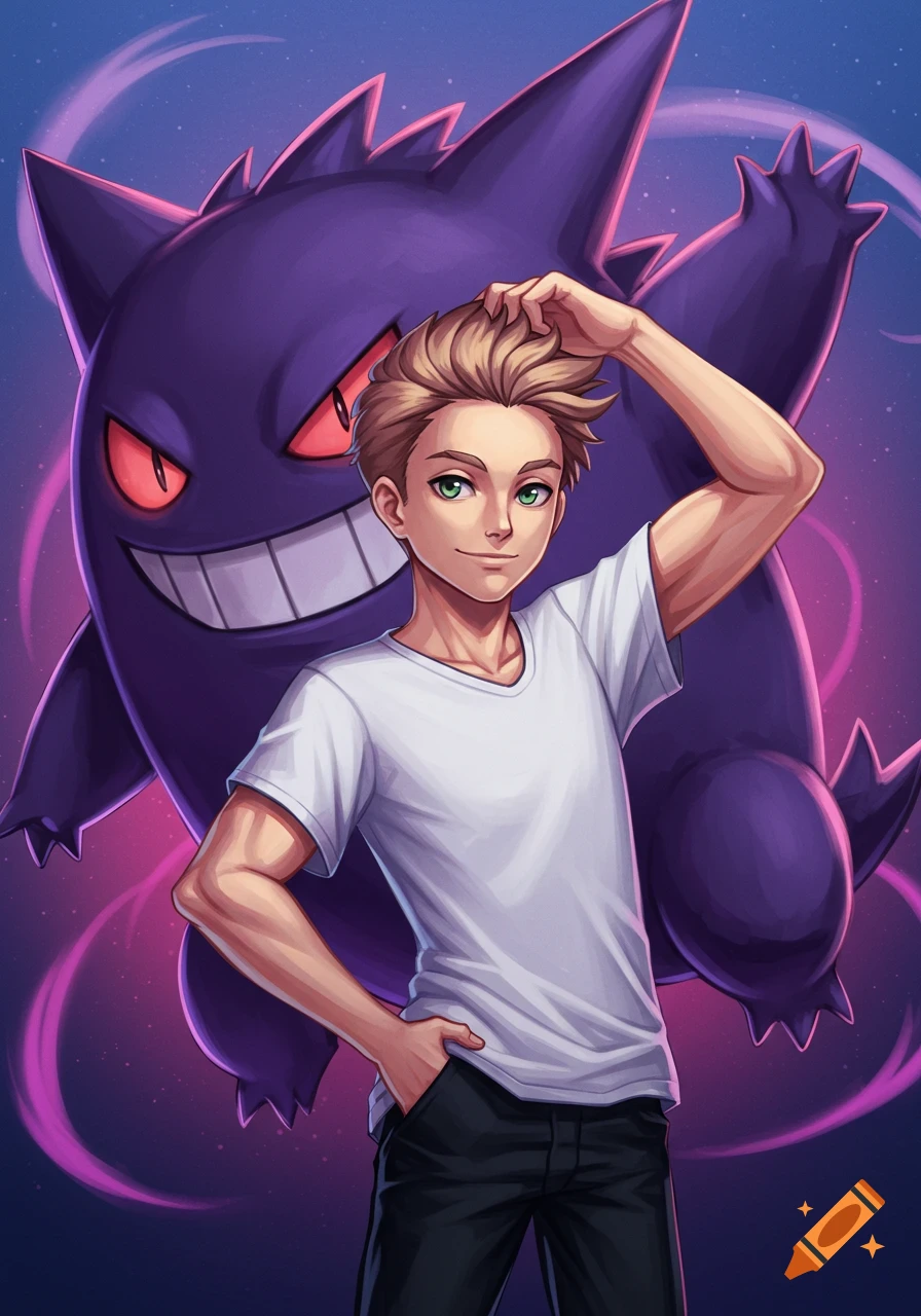 Anime boy with short blond hair and green eyes, wearing a white t-shirt, with a grinning purple Gengar Pokémon behind him.