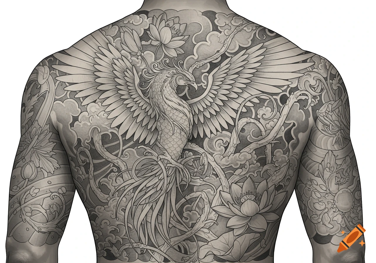 A detailed grayscale full back tattoo features a phoenix with outstretched wings, lotus flowers, and clouds on a muscular male back.